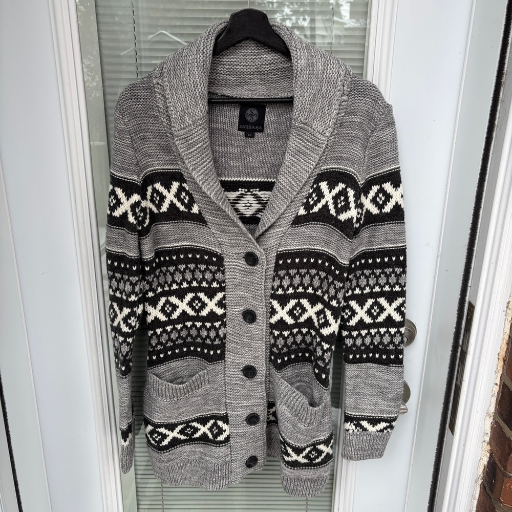 Sansara S Chunky Knit Wool Blend Cowichan Cardigan Sweater Grey, Black & Cream